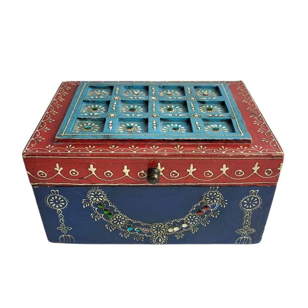Embellished Bohemian Keepsake Jewelry Wooden Lidded Storage Box India‎ 4"x8"x6"